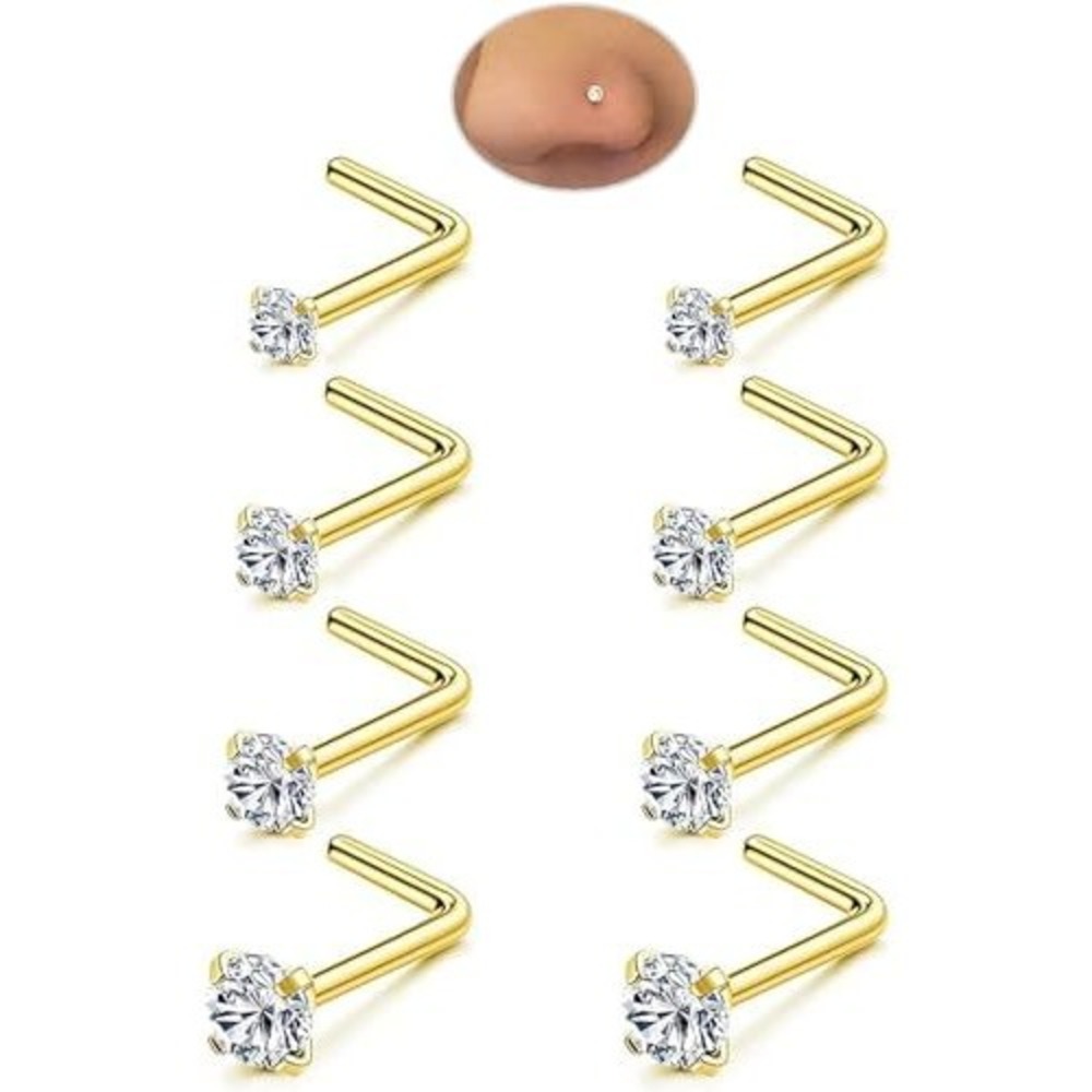 8pc 20G Gold L-Shaped Nose Studs Cubic Zirconia Crystal Nose Rings Set‎